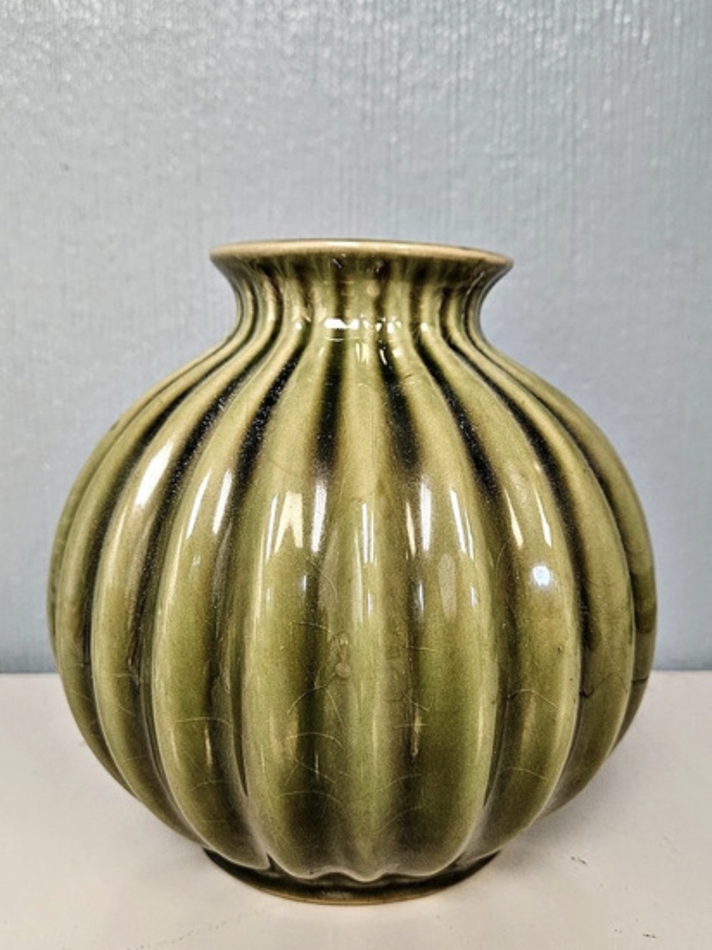 Green & Gold Striped Vase